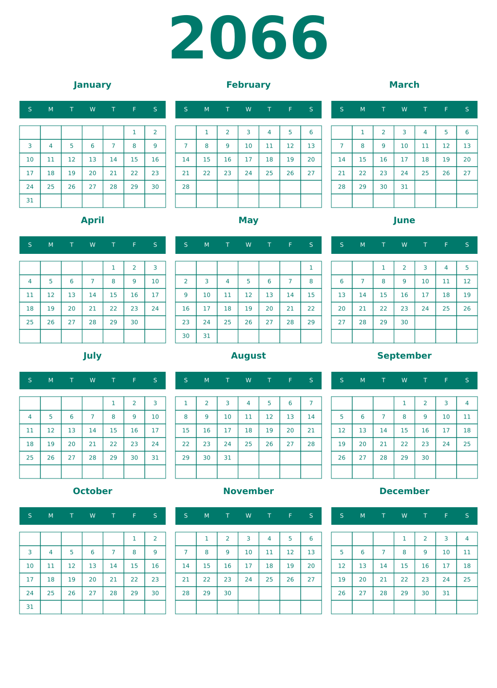 Printable 2066 Year Calendars pastel