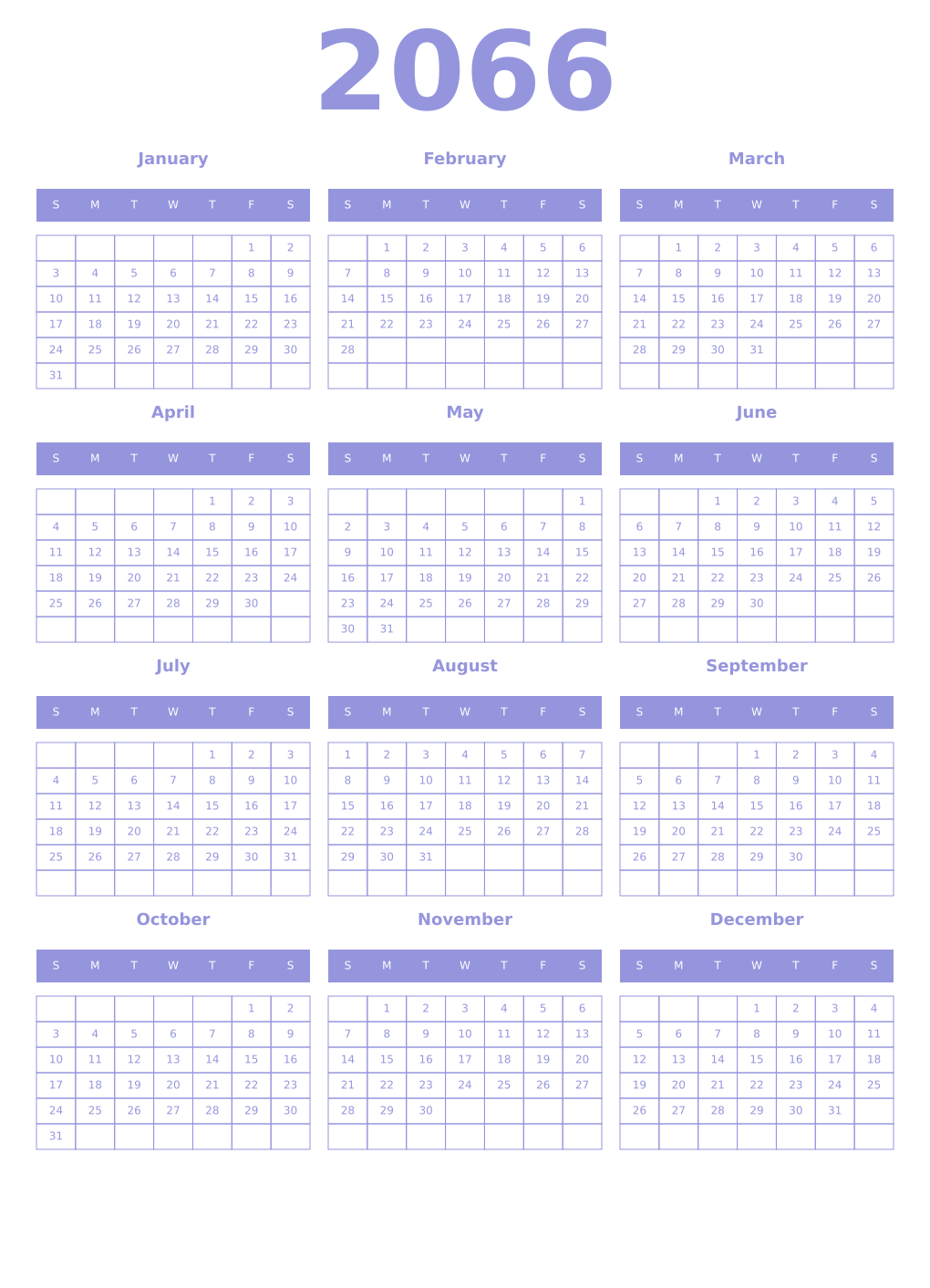 Printable 2066 Year Calendars periwinkle