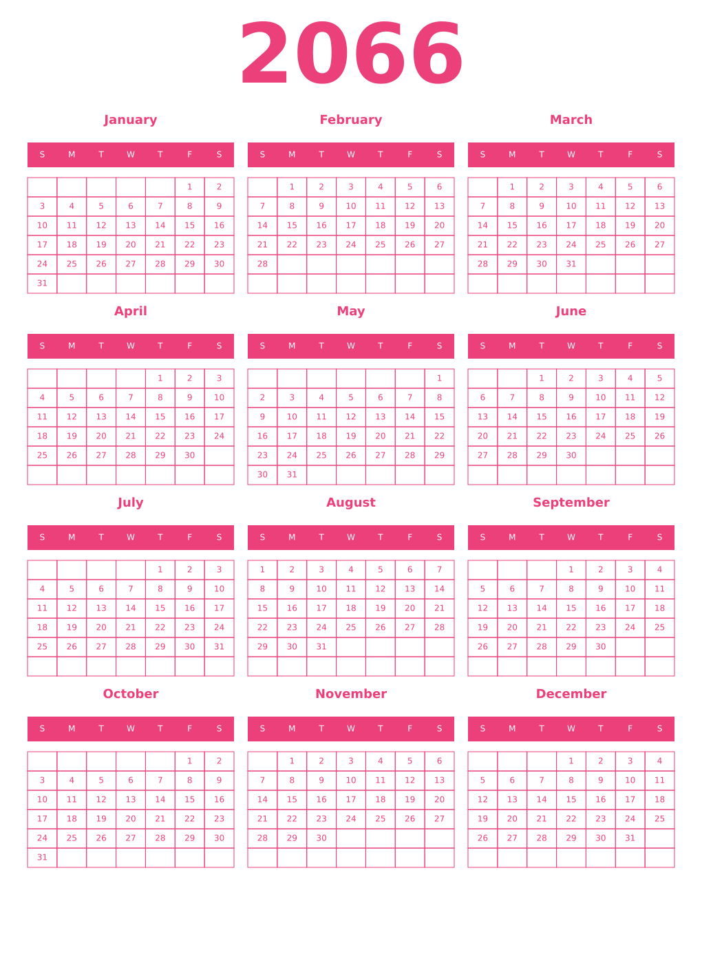 Printable 2066 Year Calendars pink