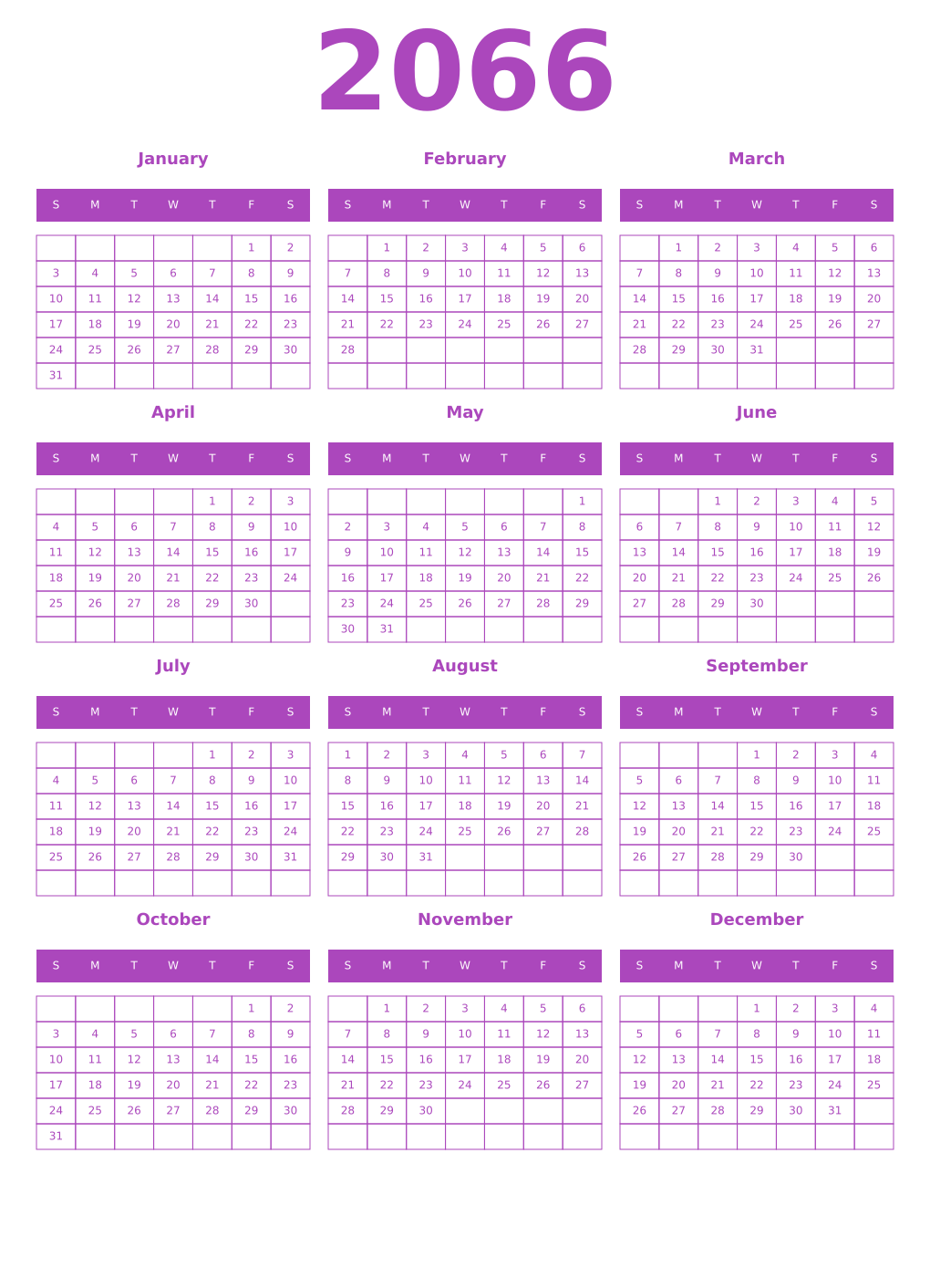 Printable 2066 Year Calendars purple