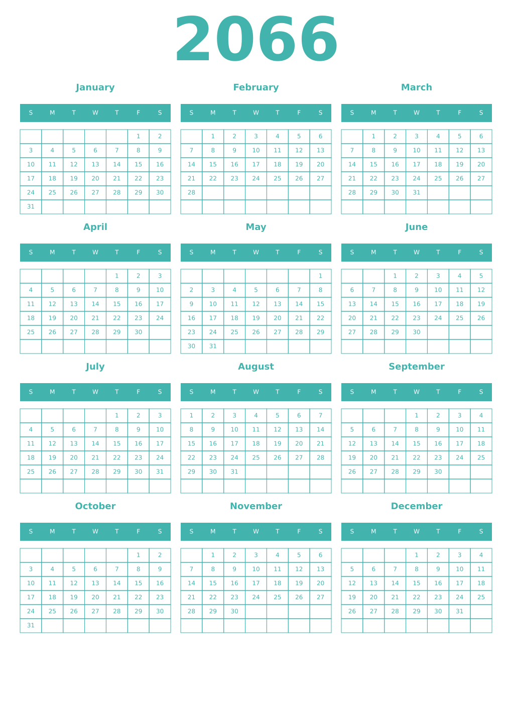 Printable 2066 Year Calendars verdigris
