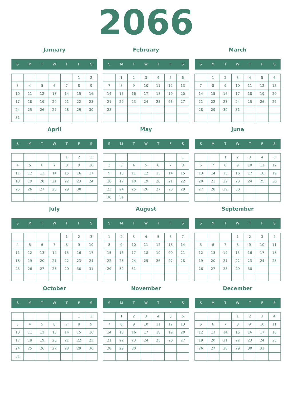 Printable 2066 Year Calendars viridian