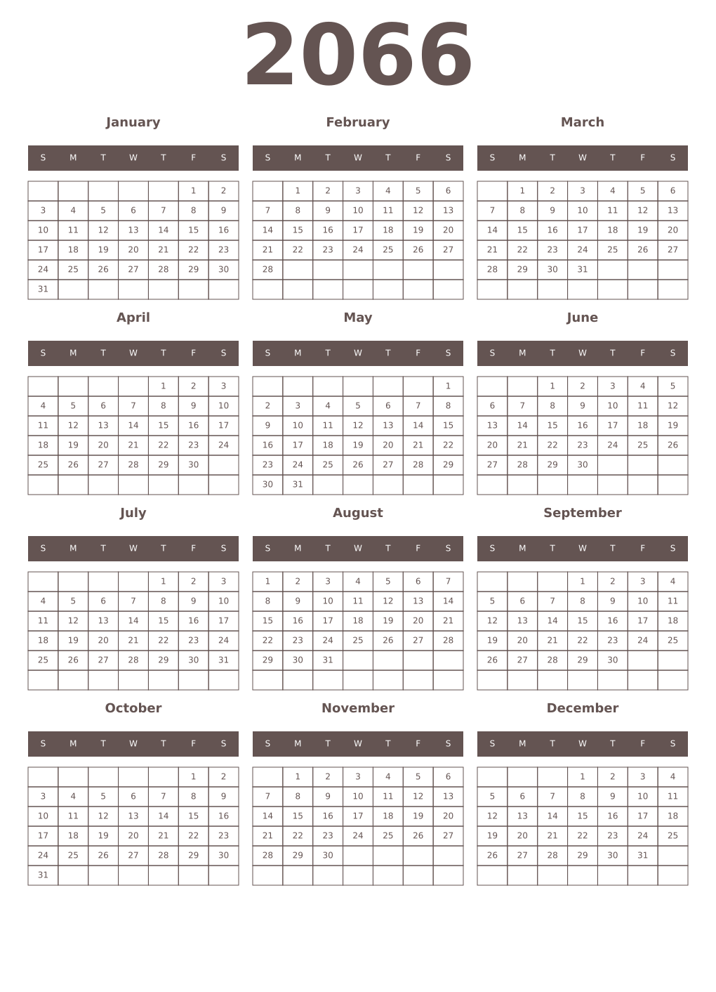 Printable 2066 Year Calendars wenge