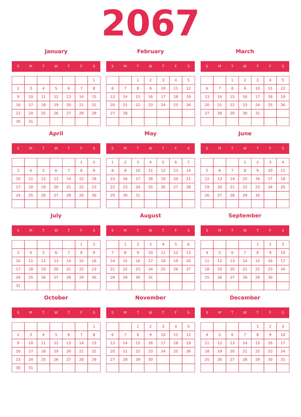 Printable 2067 Year Calendars amaranth