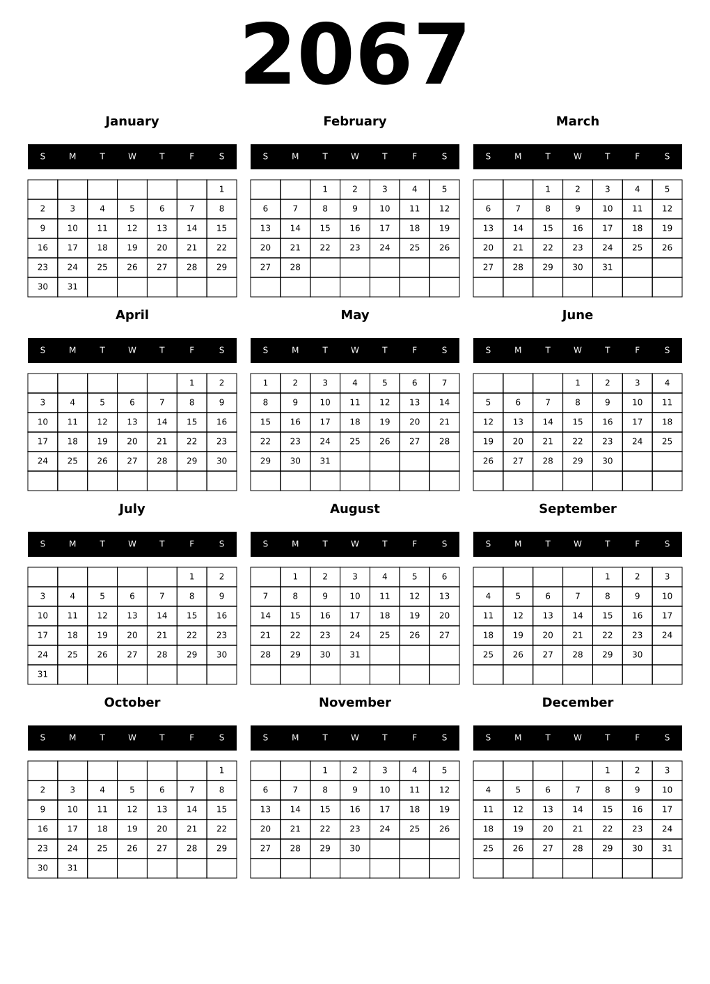 Printable 2067 Year Calendars black