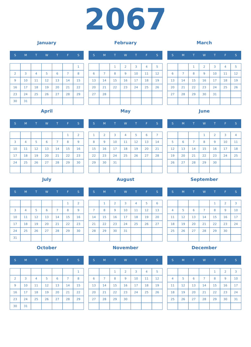 Printable 2067 Year Calendars blue