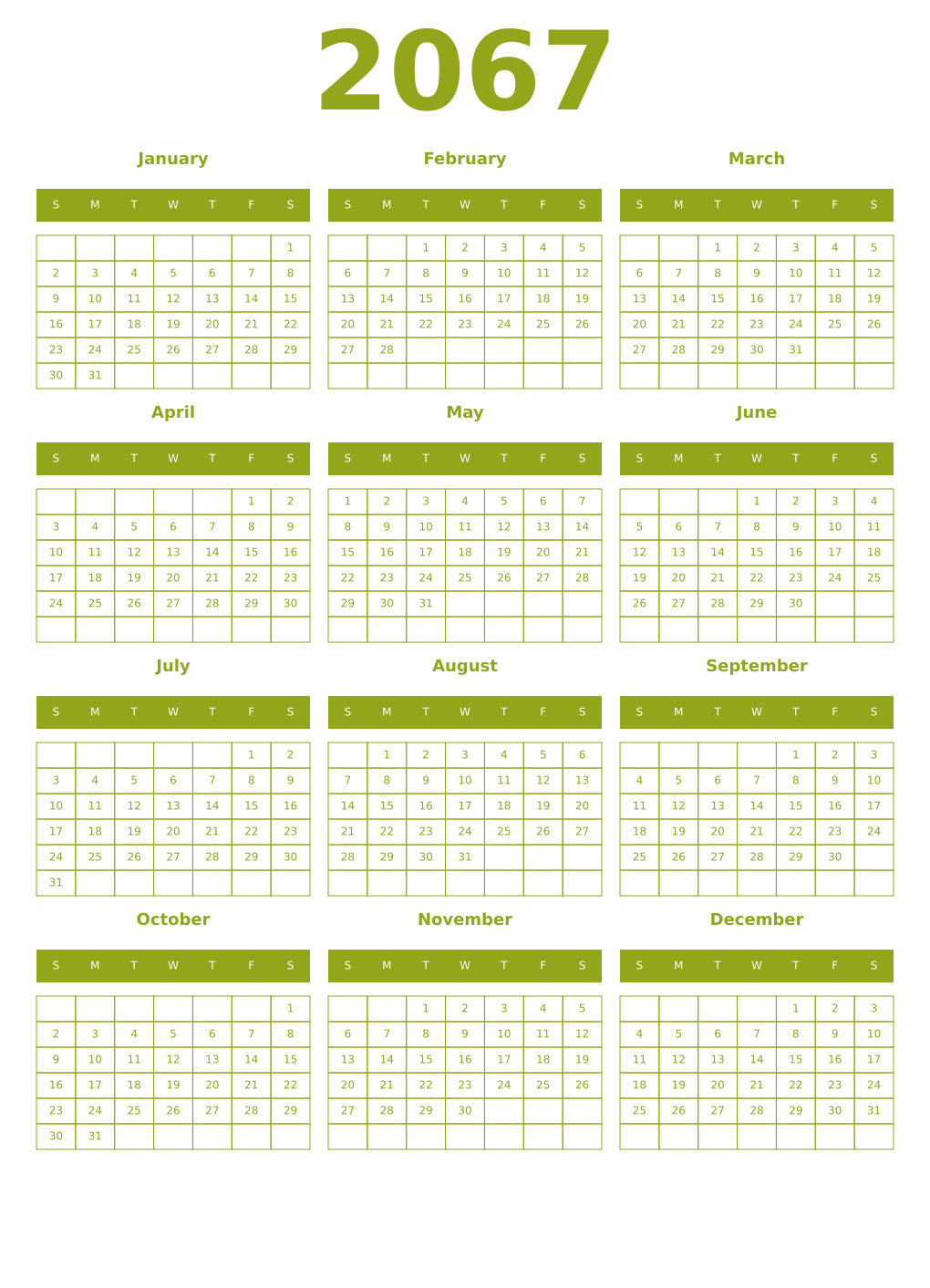 Printable 2067 Year Calendars chartreuse