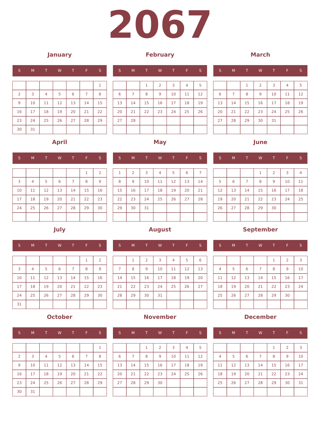 Printable 2067 Year Calendars cordovan