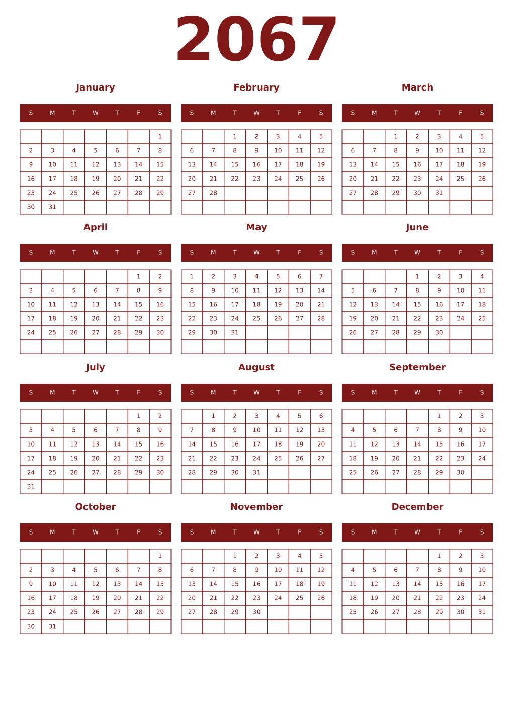 Printable 2067 Year Calendars falu