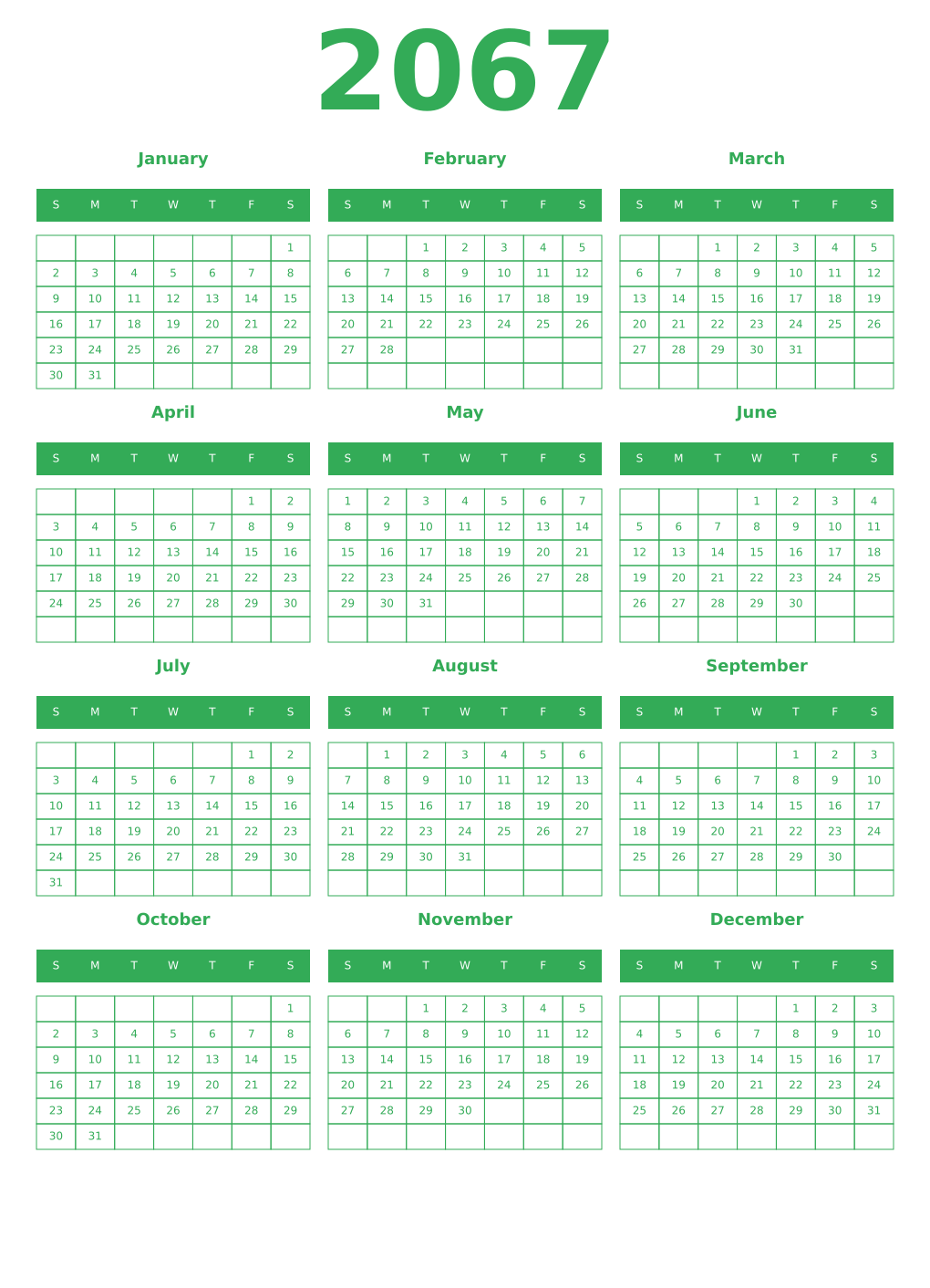 Printable 2067 Year Calendars green