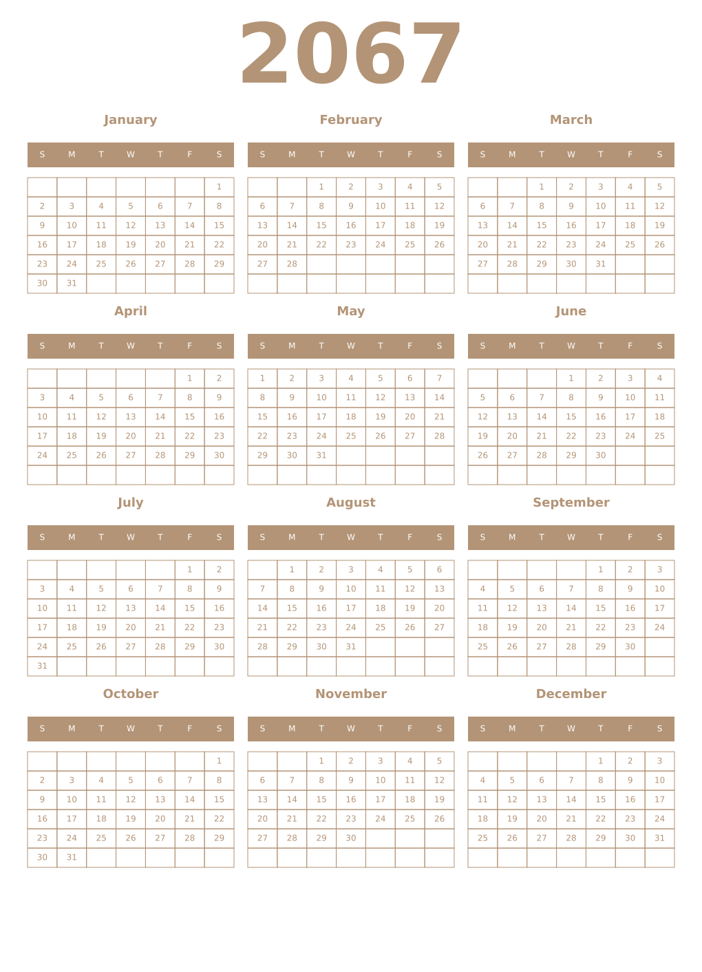Printable 2067 Year Calendars isabelline