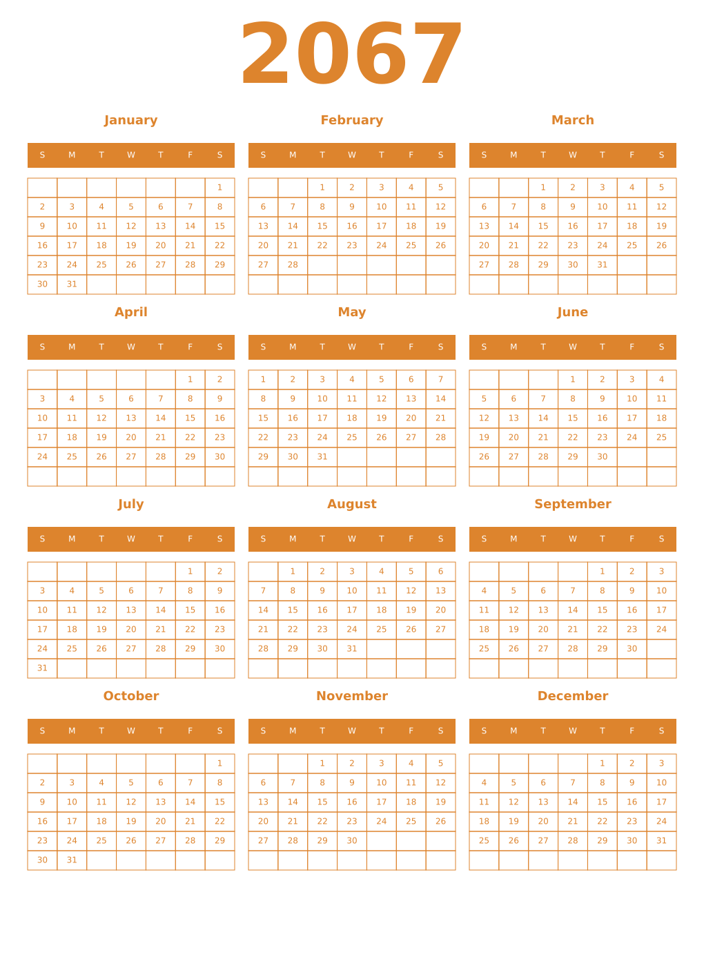 Printable 2067 Year Calendars orange