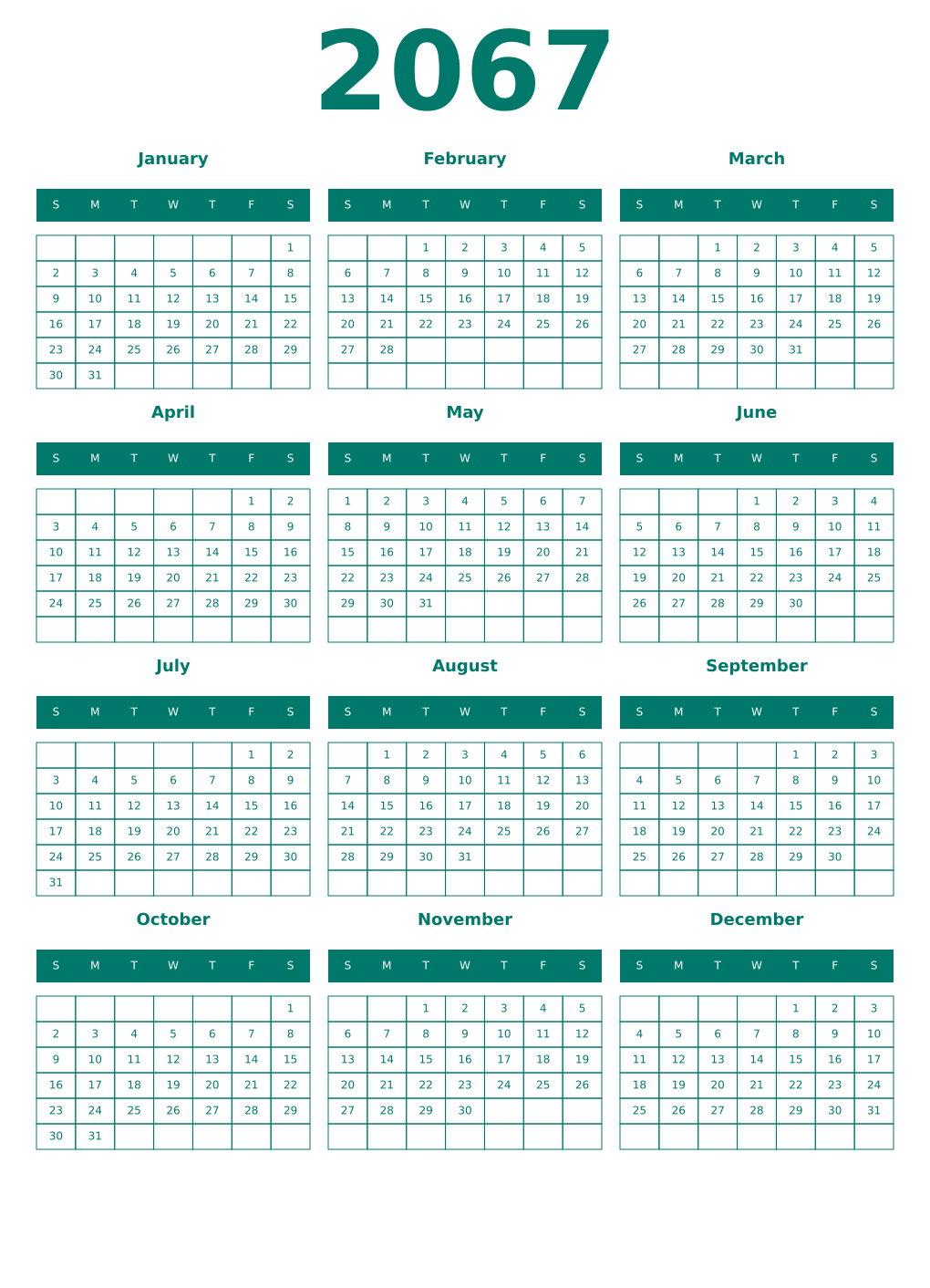 Printable 2067 Year Calendars pastel