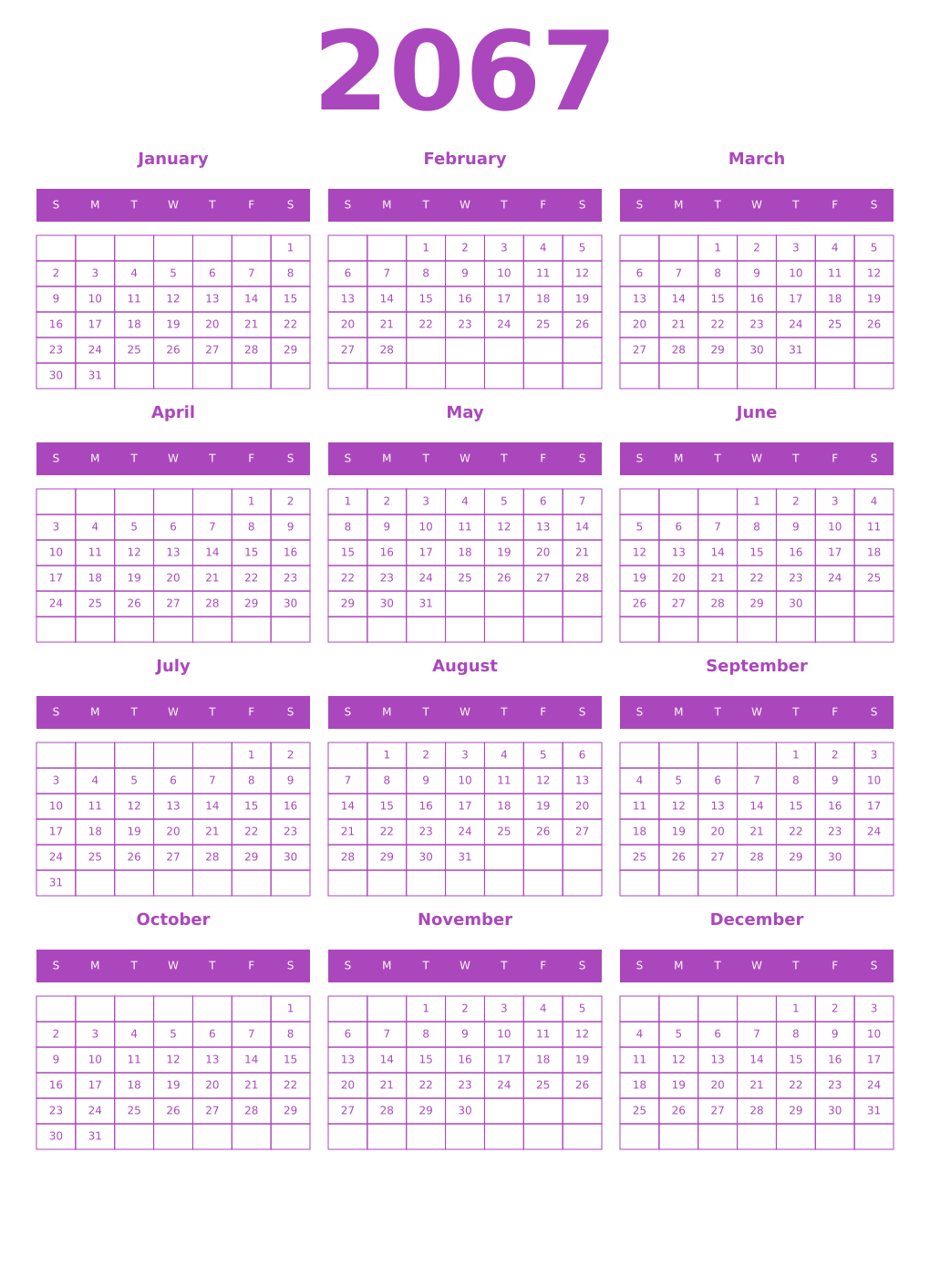 Printable 2067 Year Calendars purple
