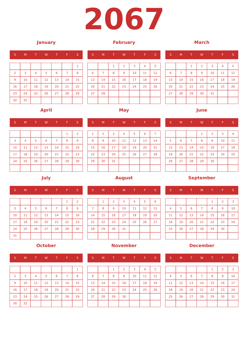 Printable 2067 Year Calendars red