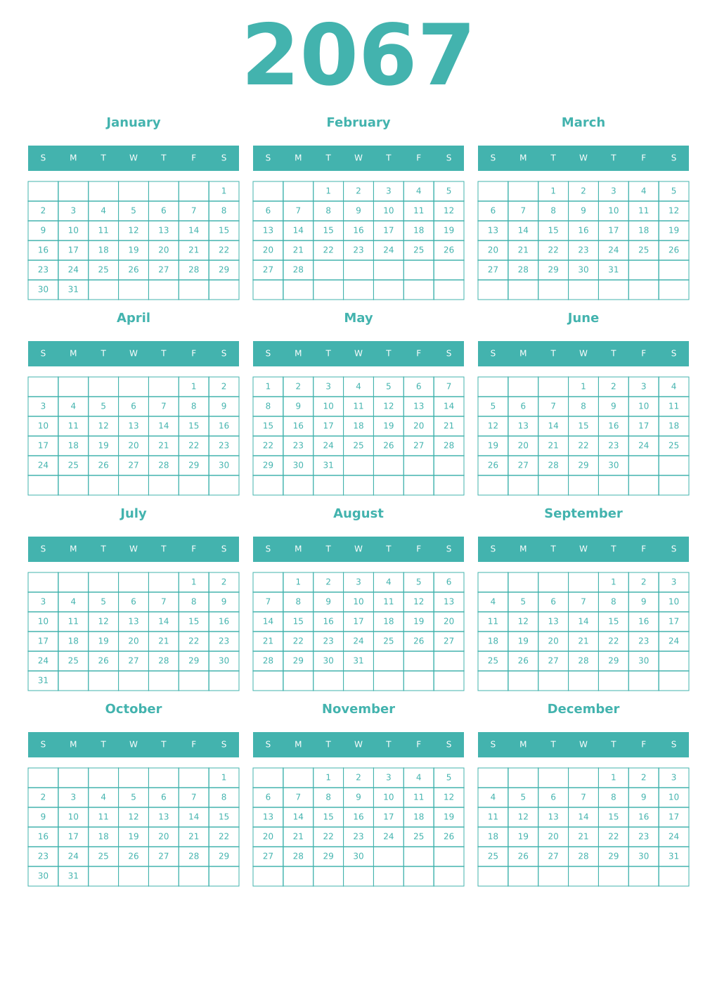 Printable 2067 Year Calendars verdigris