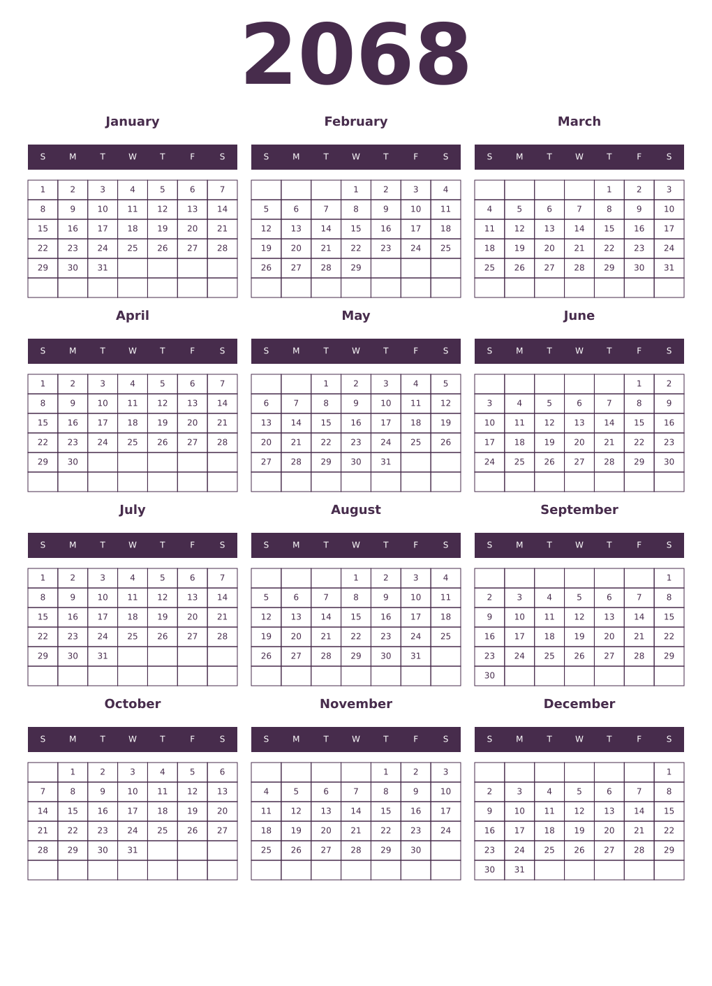 Printable 2068 Year Calendars aubergine