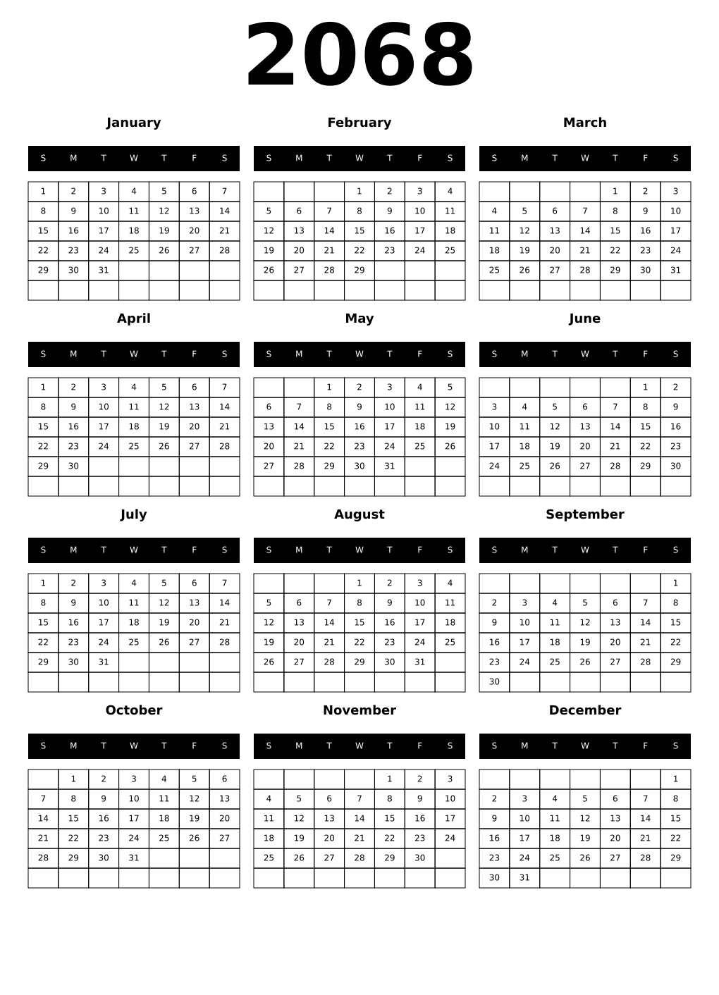 Printable 2068 Year Calendars black