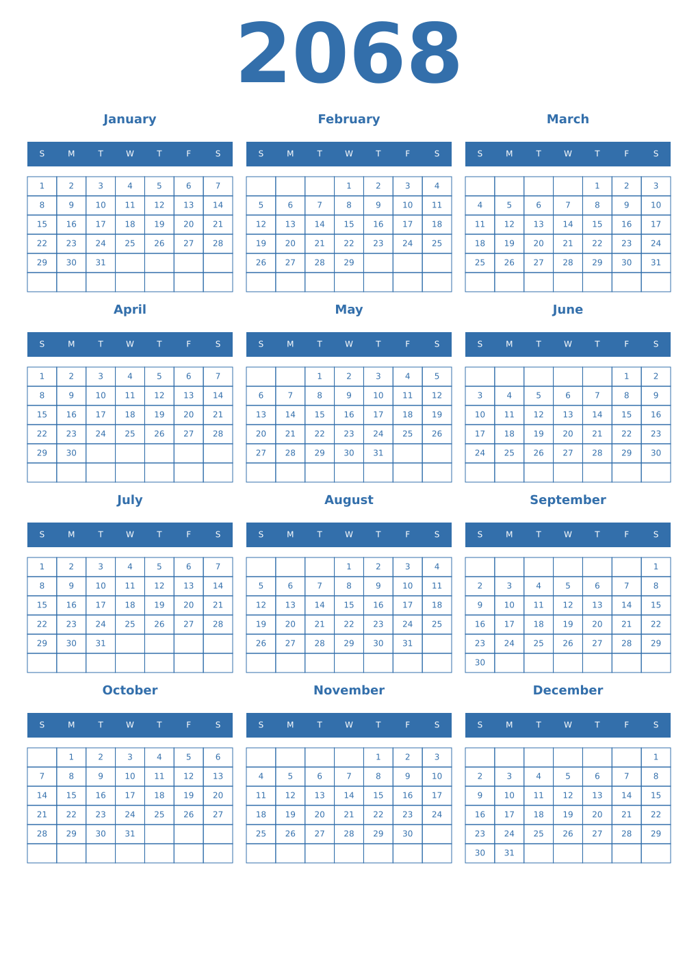 Printable 2068 Year Calendars blue