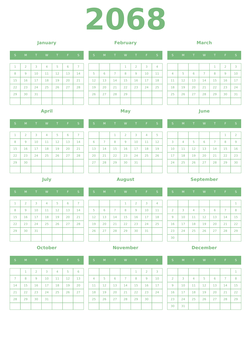 Printable 2068 Year Calendars celadon