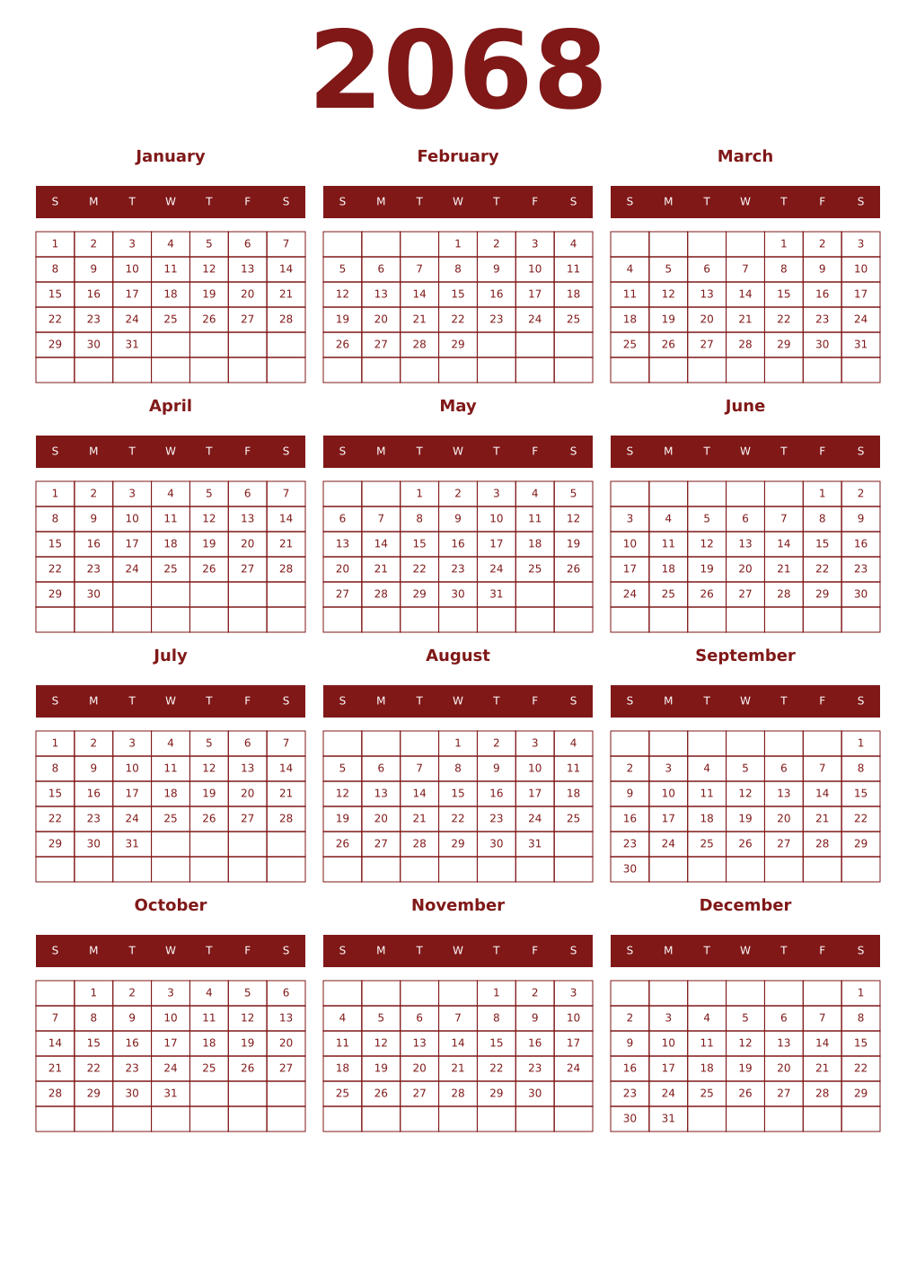 Printable 2068 Year Calendars falu