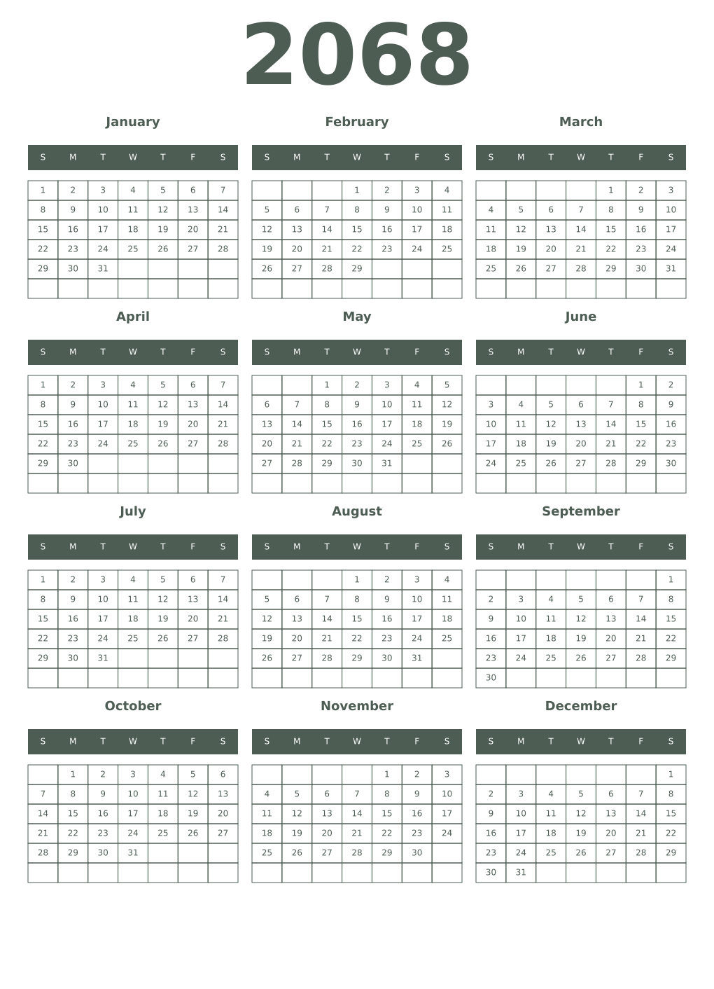 Printable 2068 Year Calendars feldgrau
