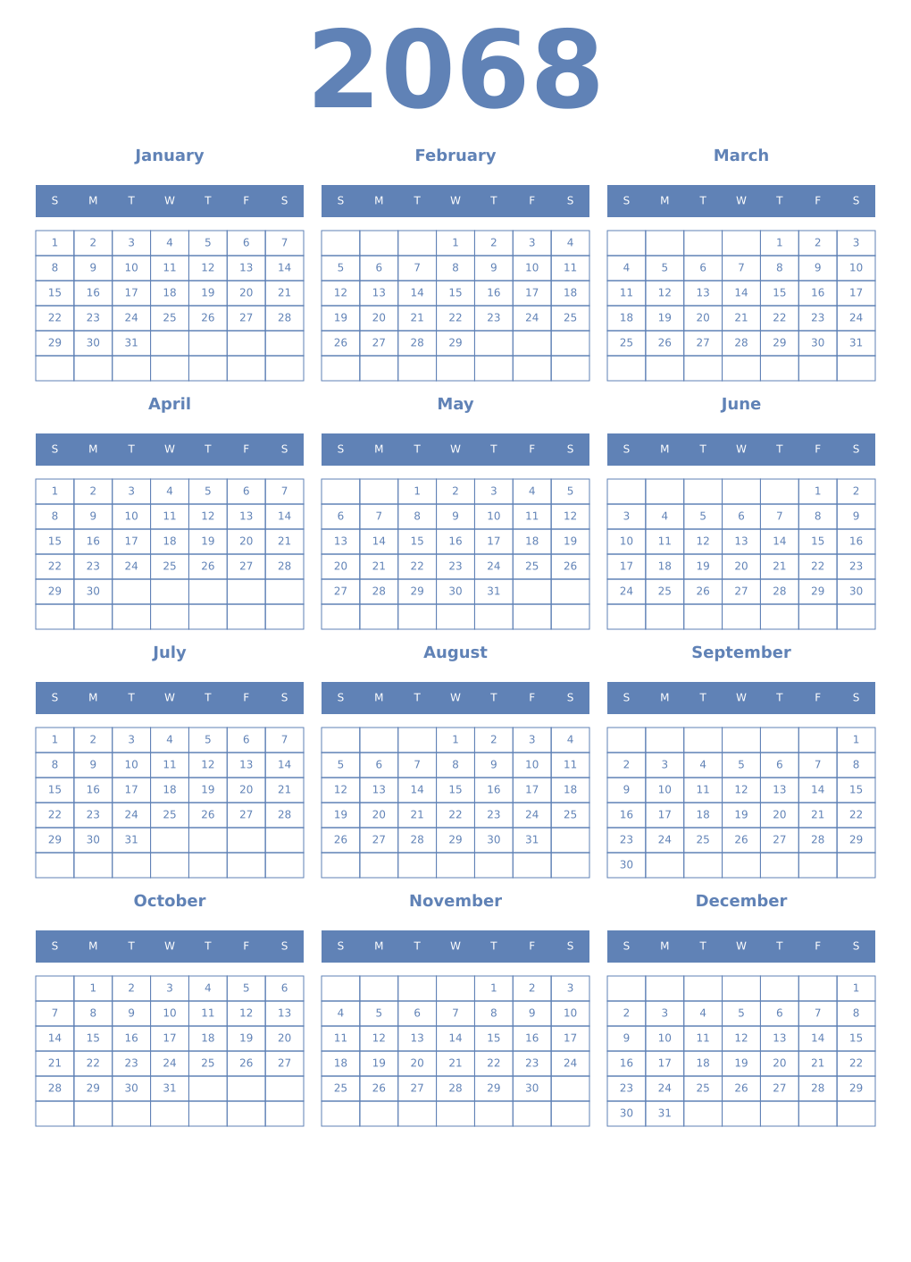 Printable 2068 Year Calendars glaucous
