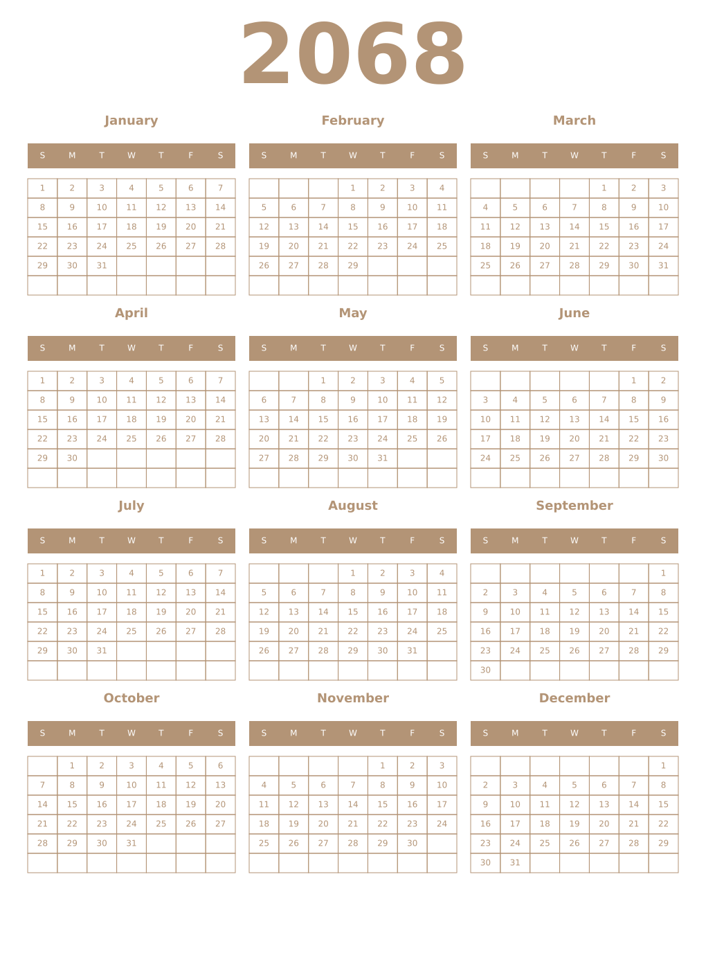 Printable 2068 Year Calendars isabelline