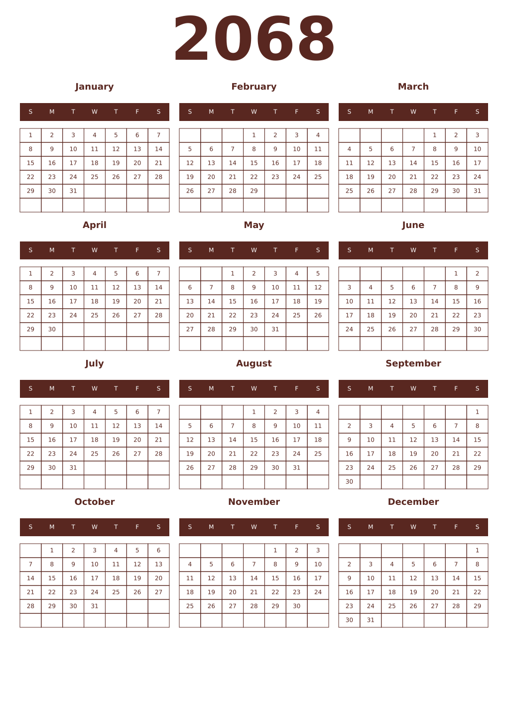 Printable 2068 Year Calendars mortuum