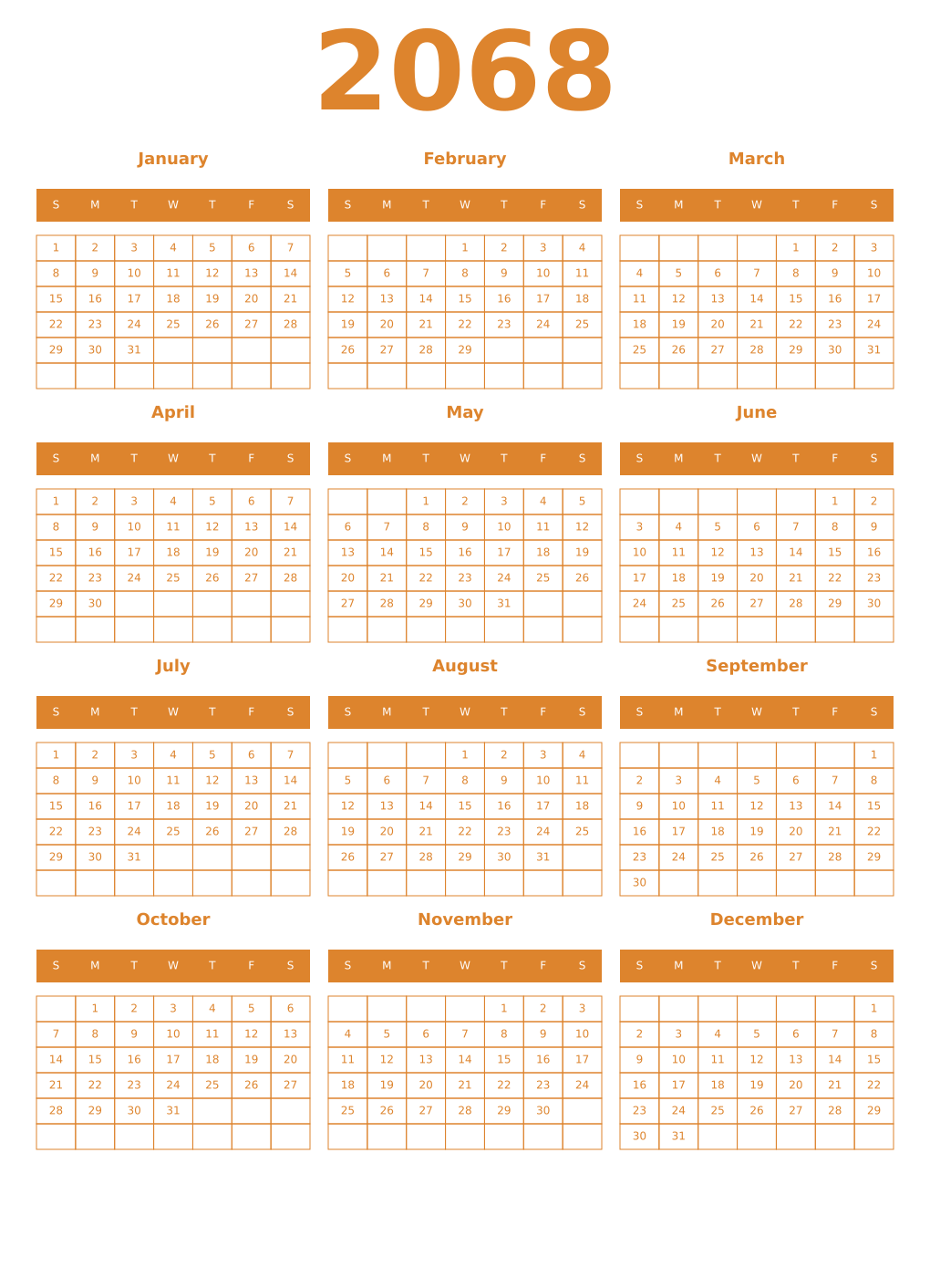 Printable 2068 Year Calendars orange