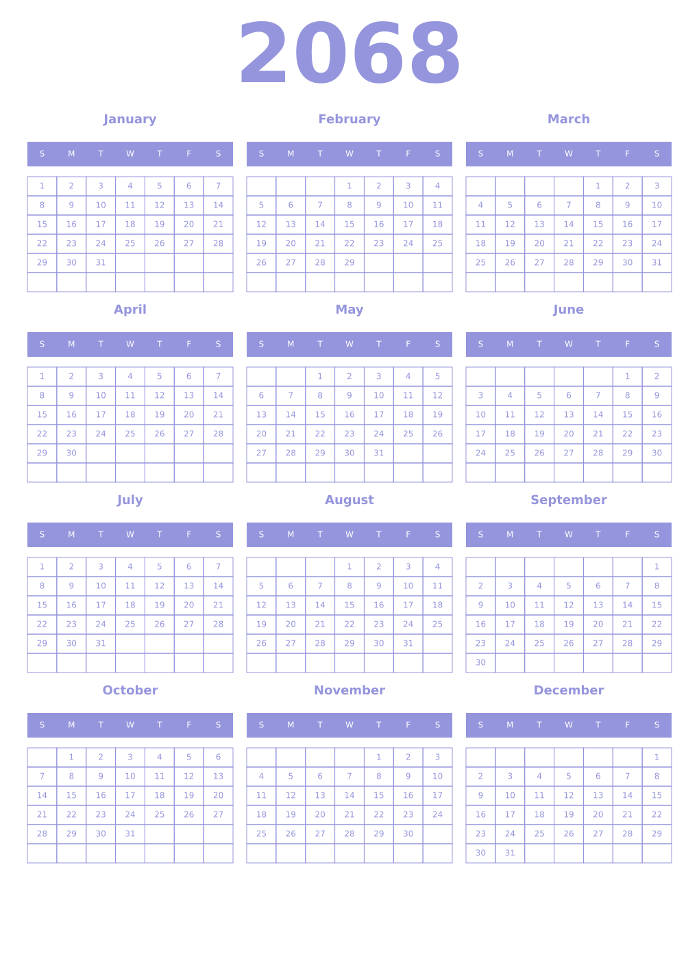 Printable 2068 Year Calendars periwinkle