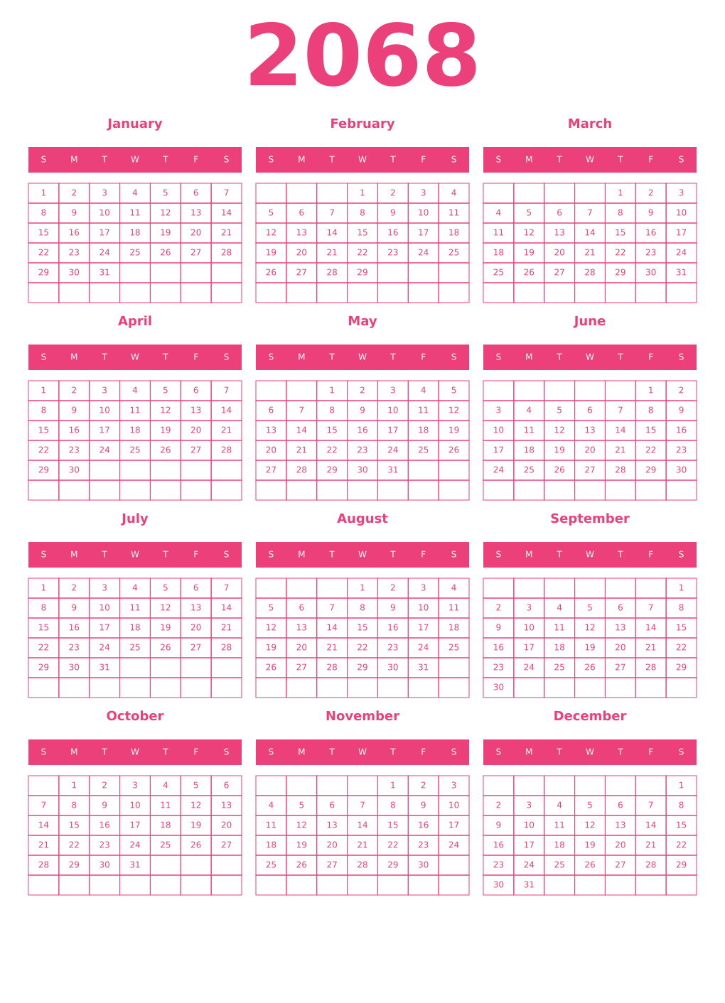 Printable 2068 Year Calendars pink
