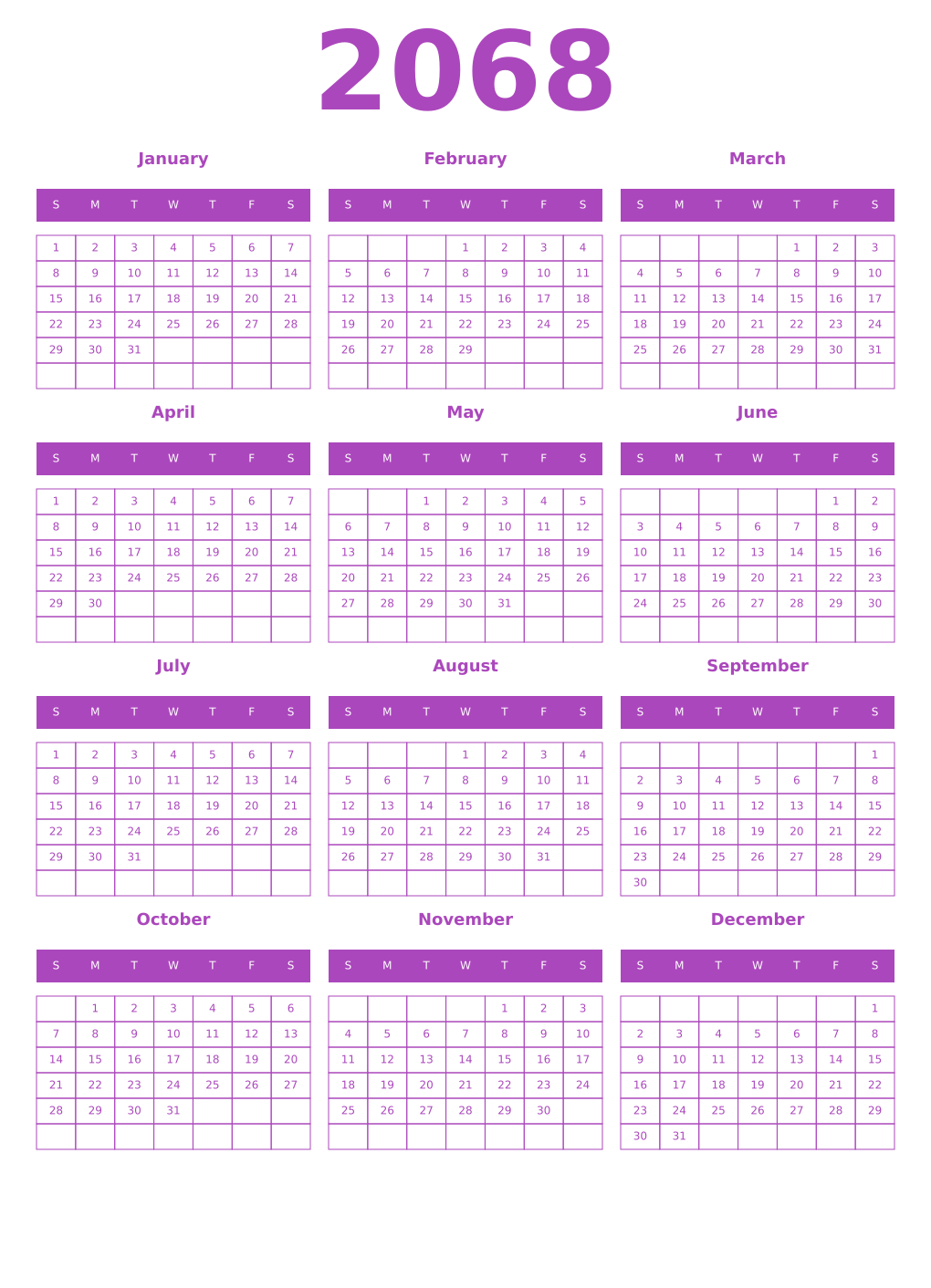 Printable 2068 Year Calendars purple