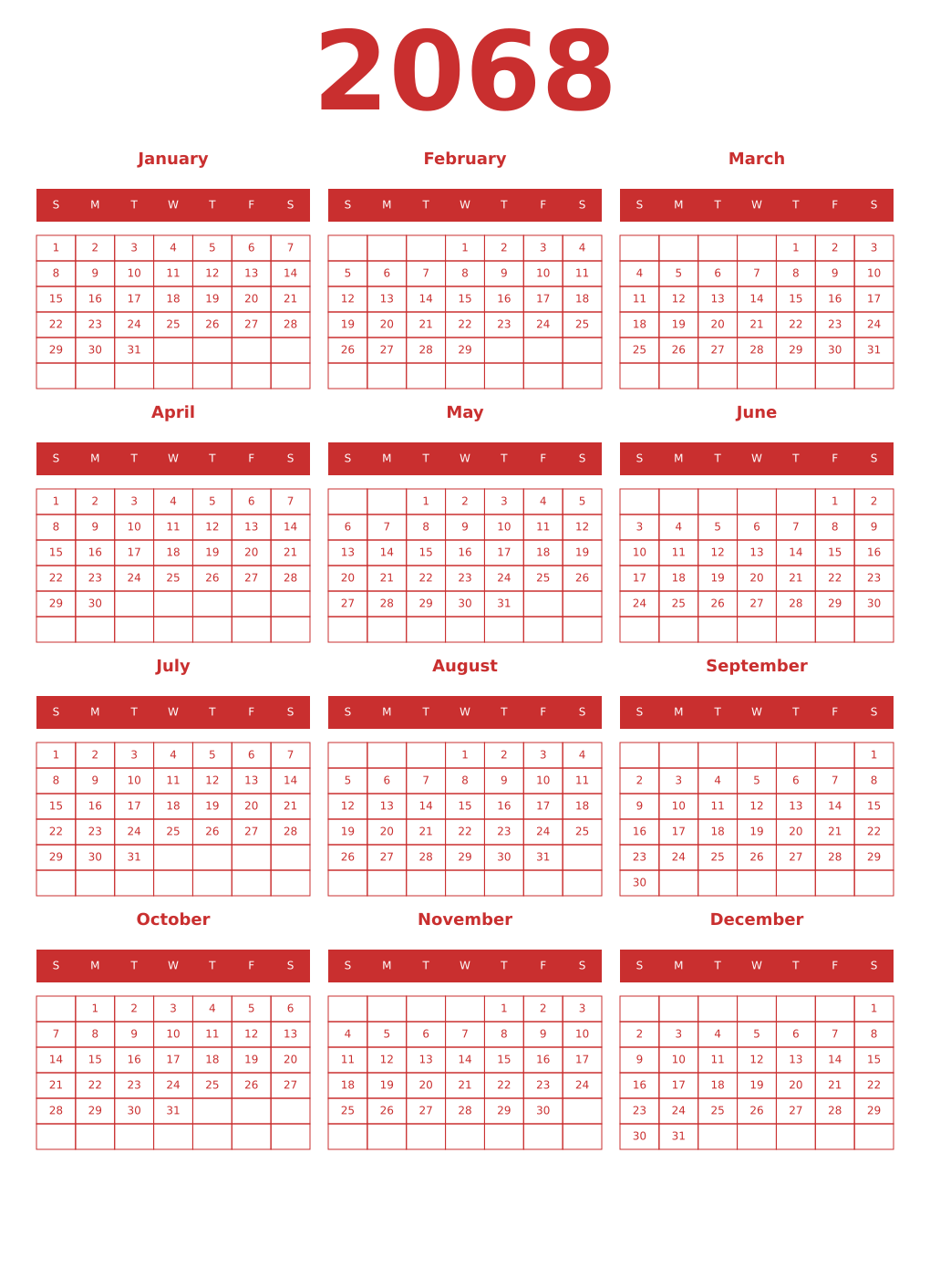 Printable 2068 Year Calendars red