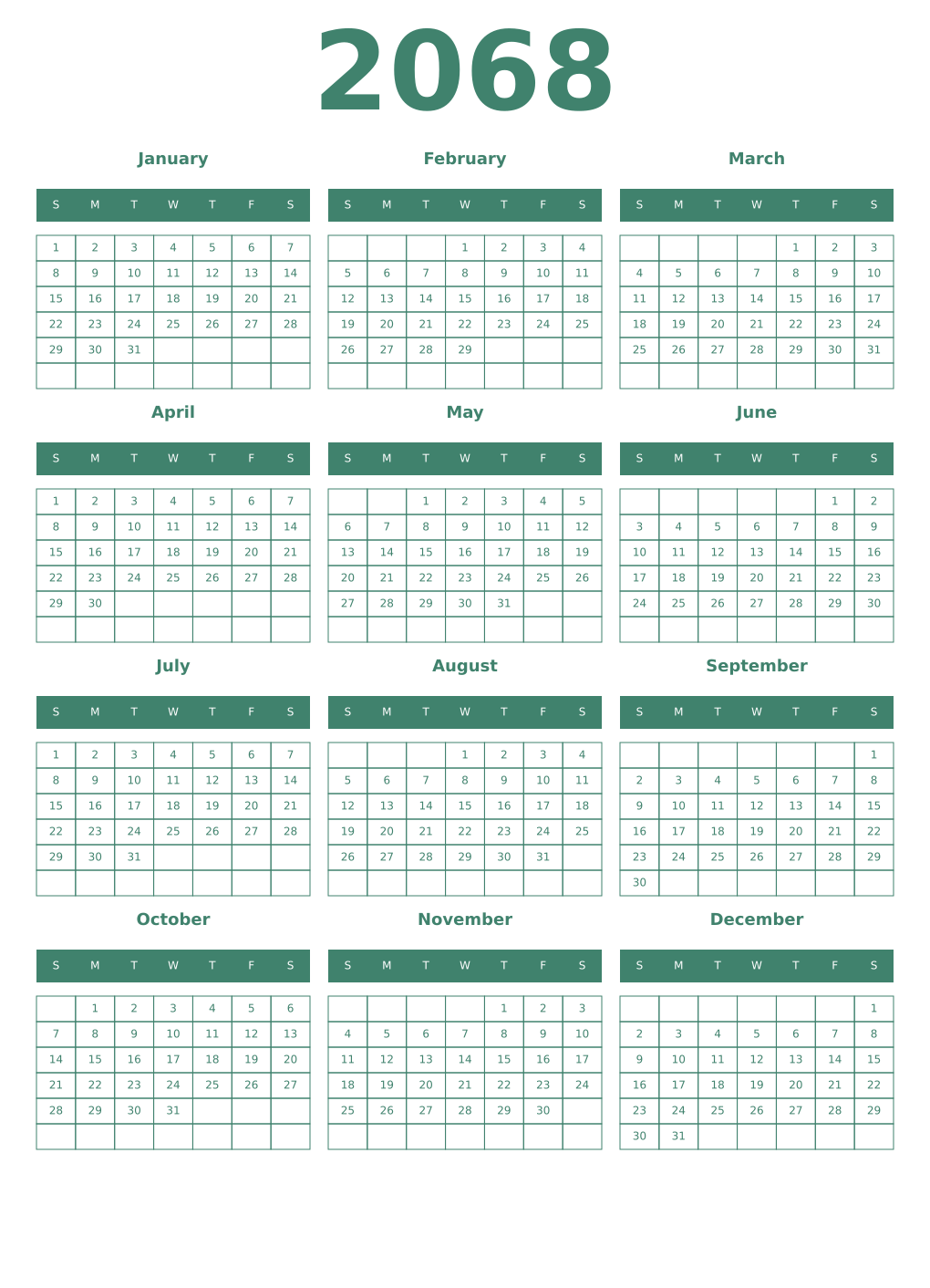Printable 2068 Year Calendars viridian