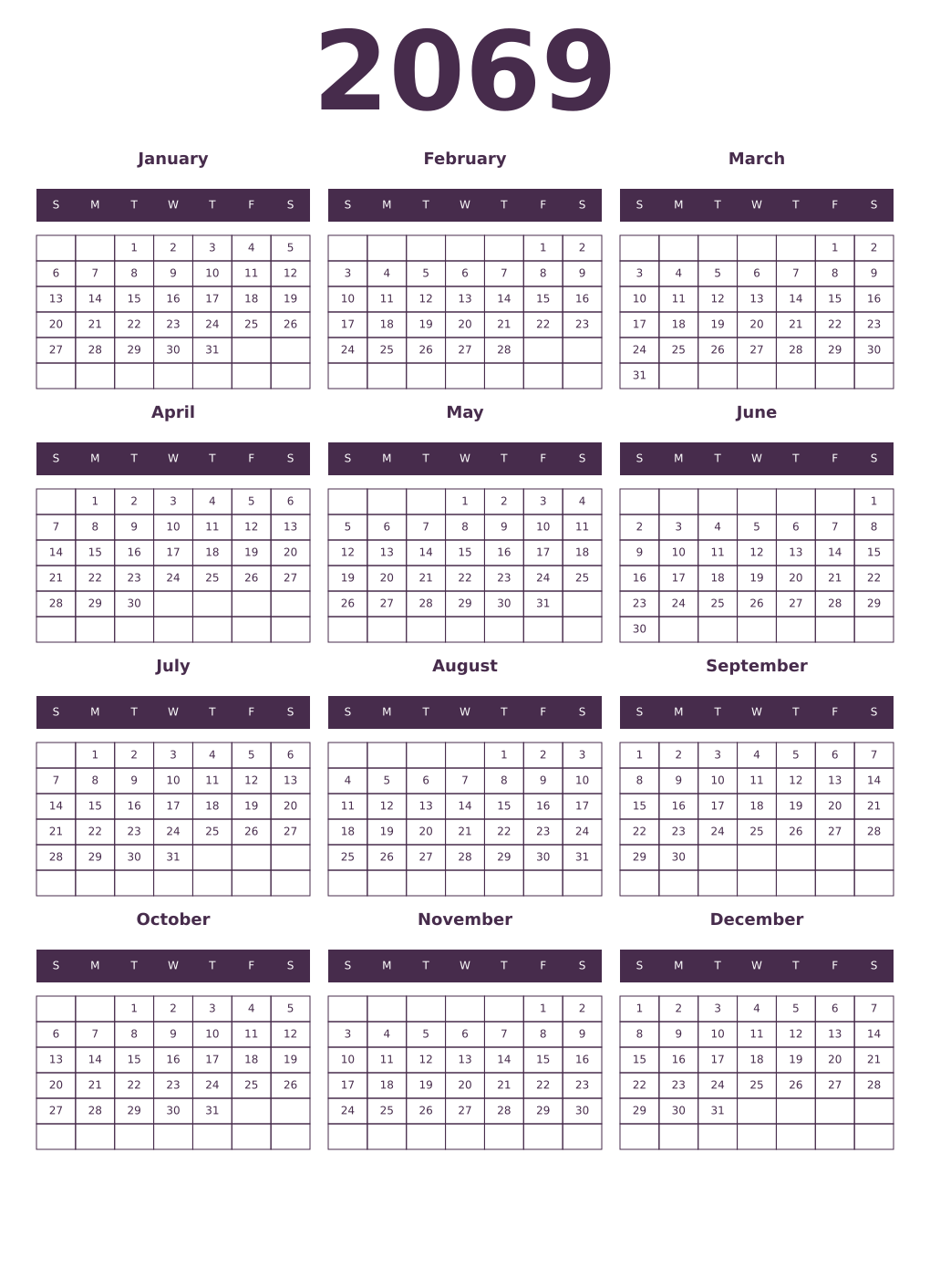 Printable 2069 Year Calendars aubergine