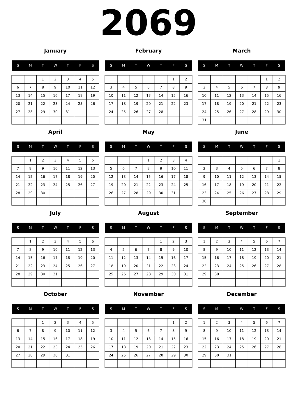 Printable 2069 Year Calendars black