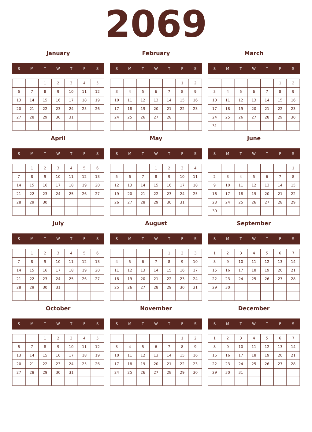 Printable 2069 Year Calendars mortuum