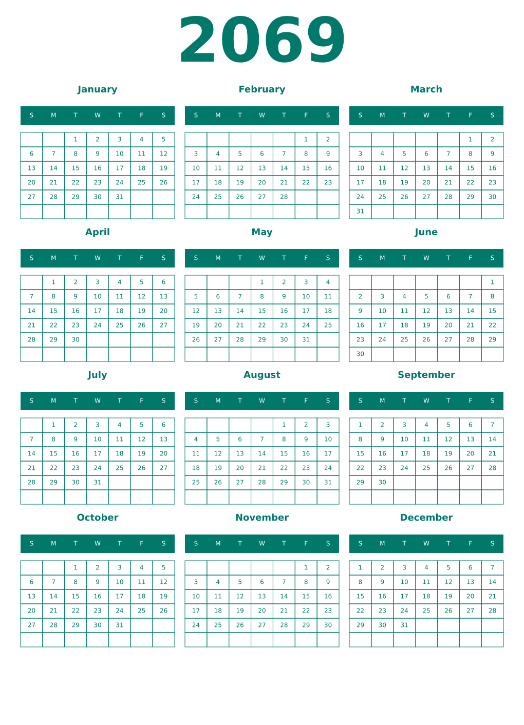 Printable 2069 Year Calendars pastel