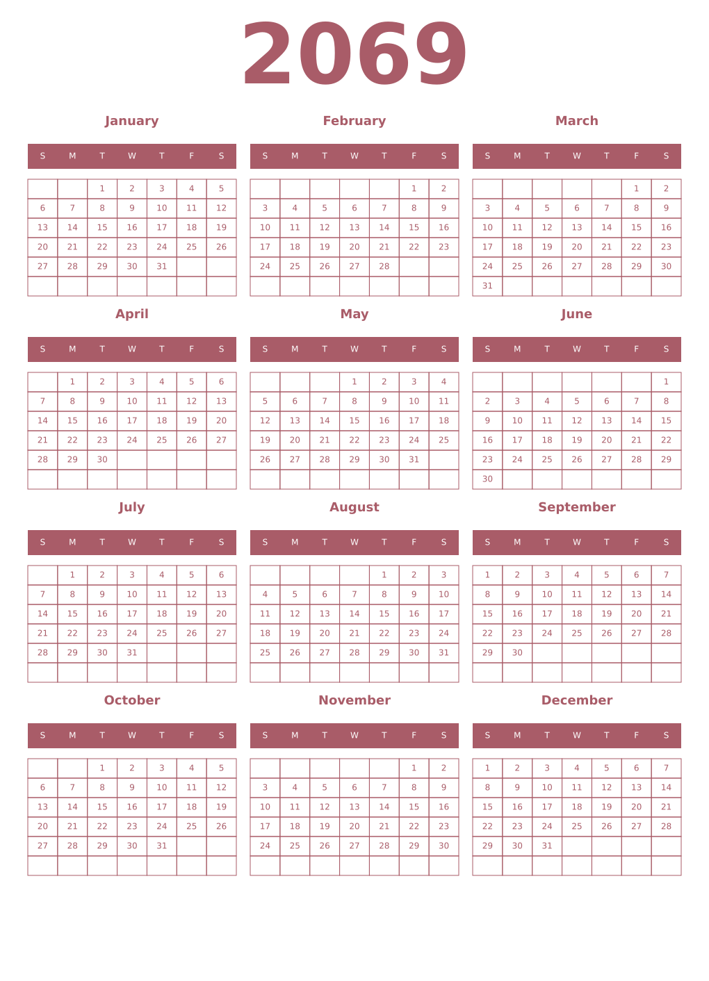 Printable 2069 Year Calendars puce