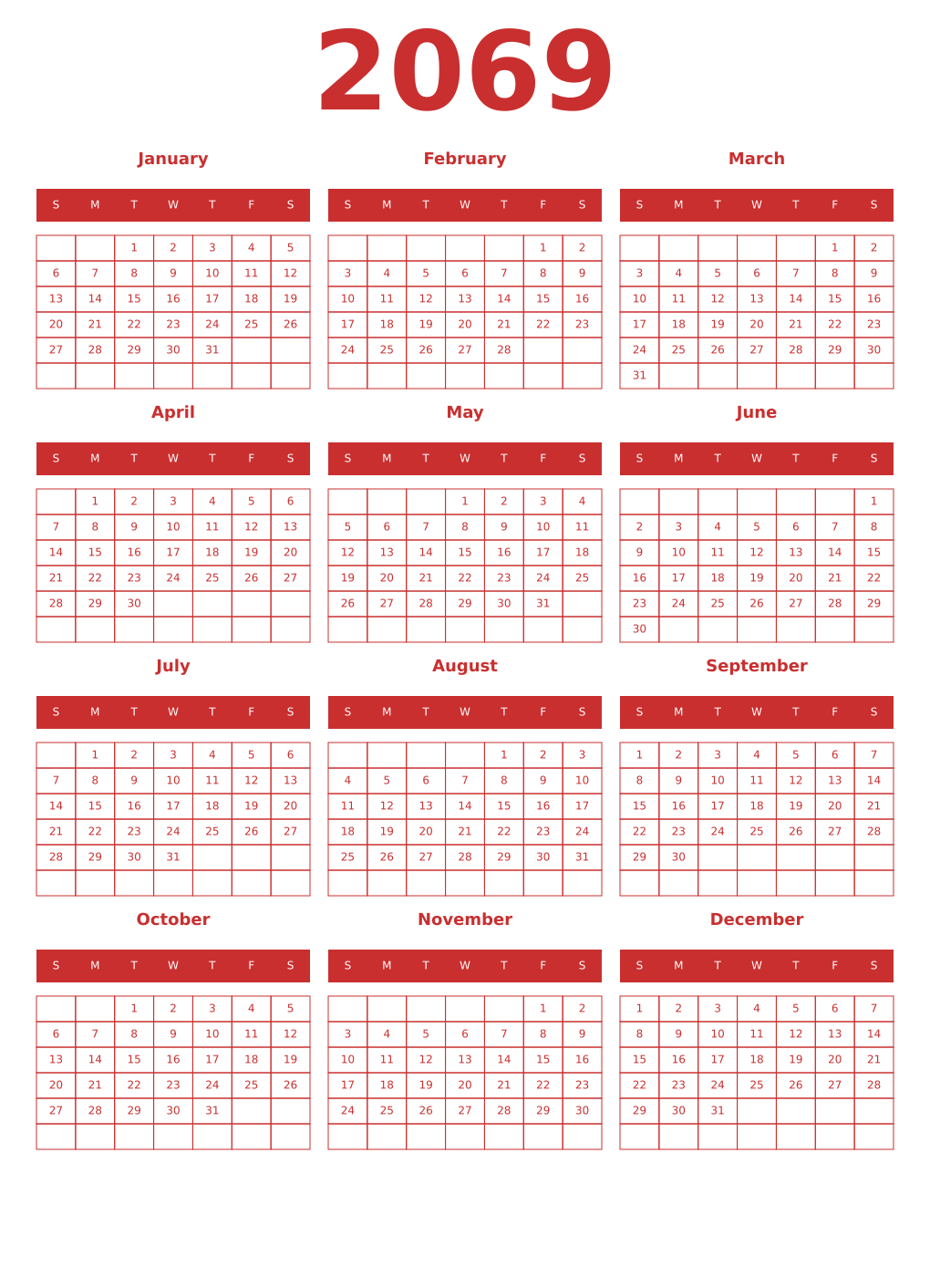 Printable 2069 Year Calendars red