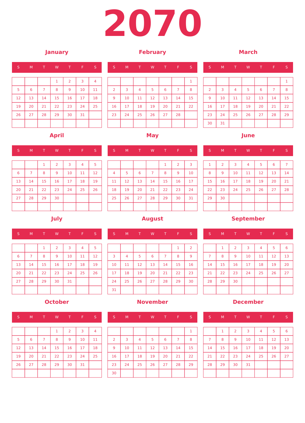 Printable 2070 Year Calendars amaranth