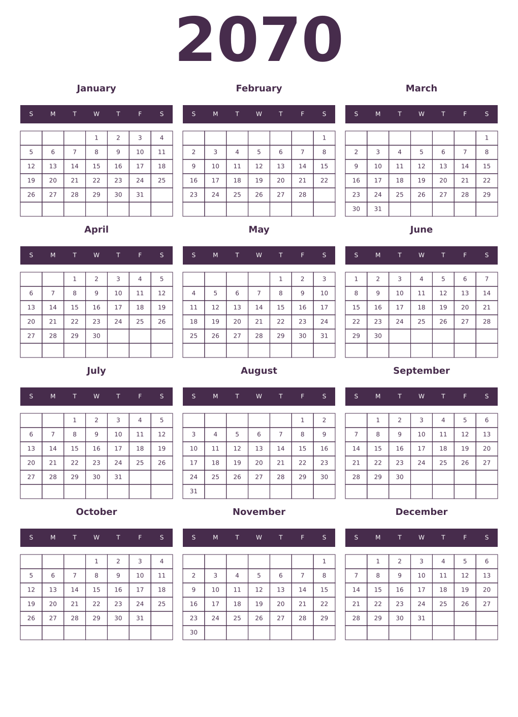 Printable 2070 Year Calendars aubergine
