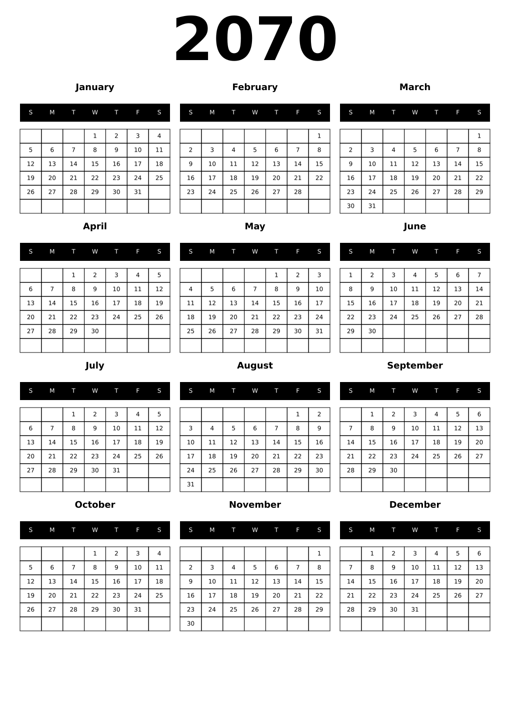 Printable 2070 Year Calendars black