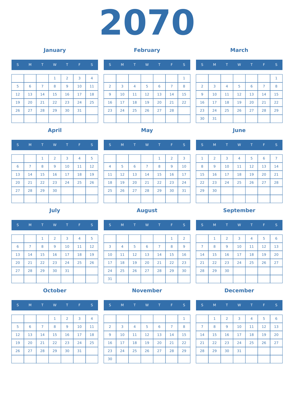 Printable 2070 Year Calendars blue
