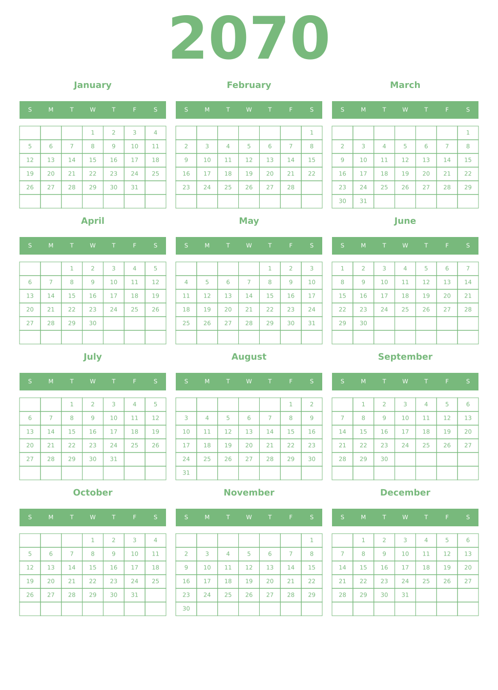 Printable 2070 Year Calendars celadon
