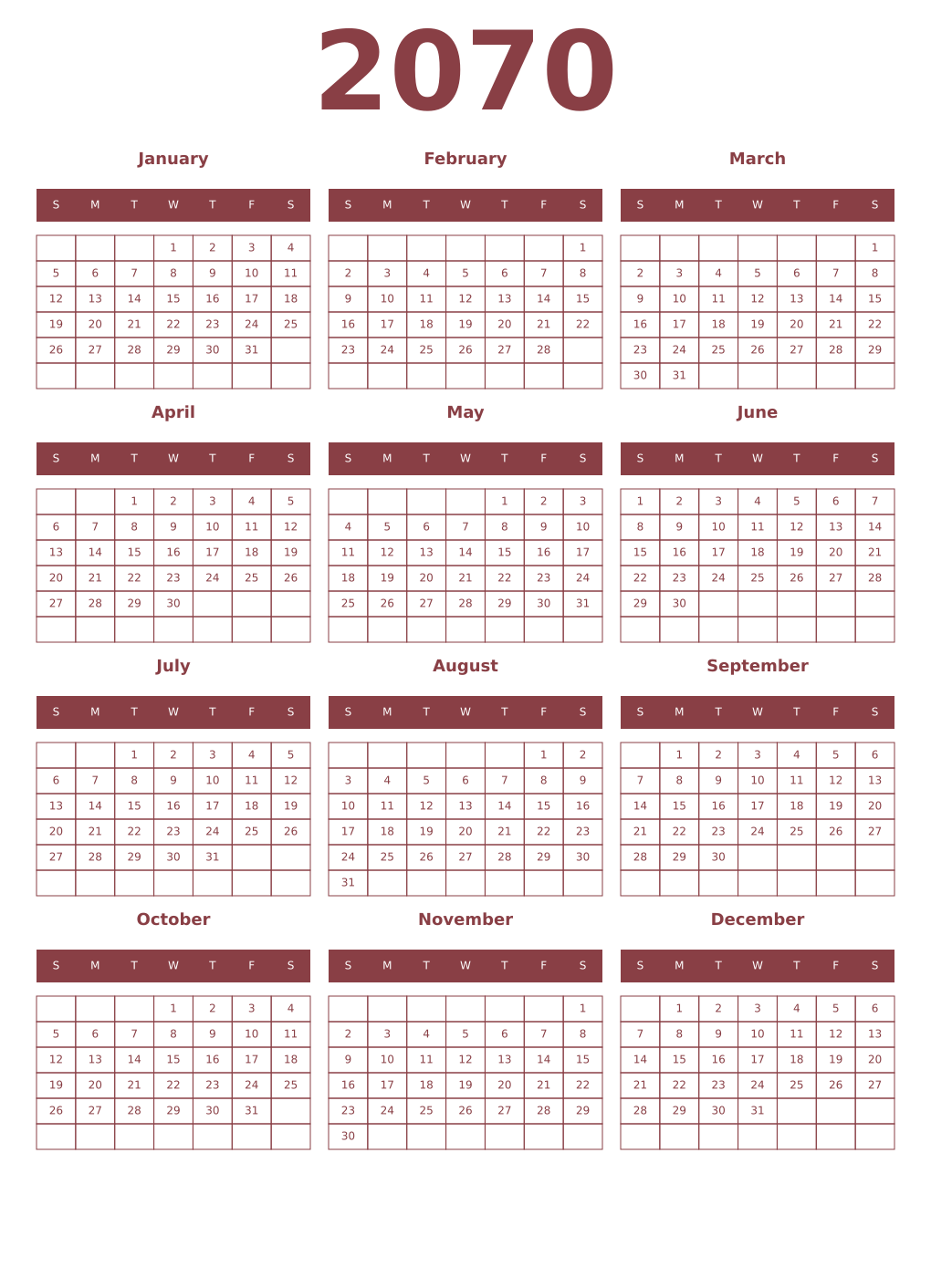Printable 2070 Year Calendars cordovan
