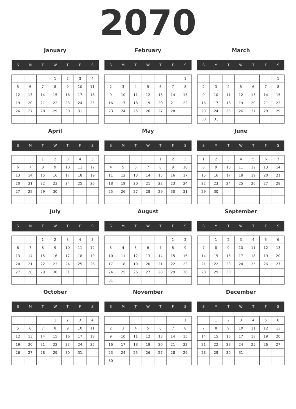 Printable 2070 Year Calendars dark