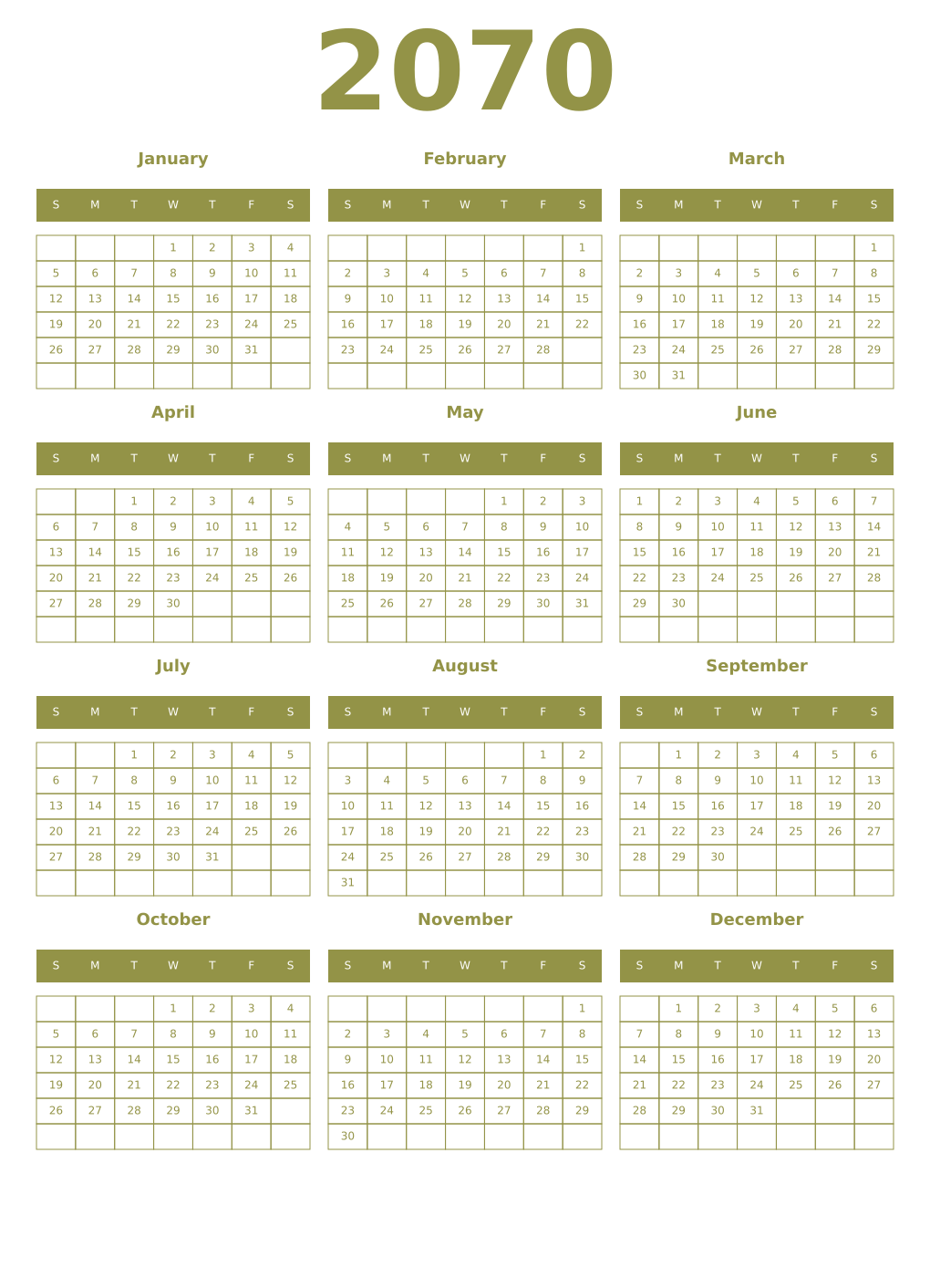 Printable 2070 Year Calendars eburnean