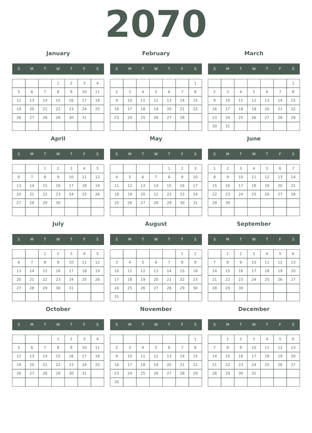 Printable 2070 Year Calendars feldgrau